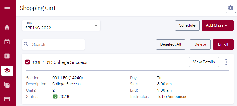class added to shopping cart