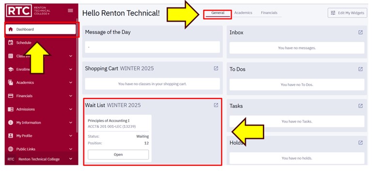 arrows pointing to general, dashboard, and wait list