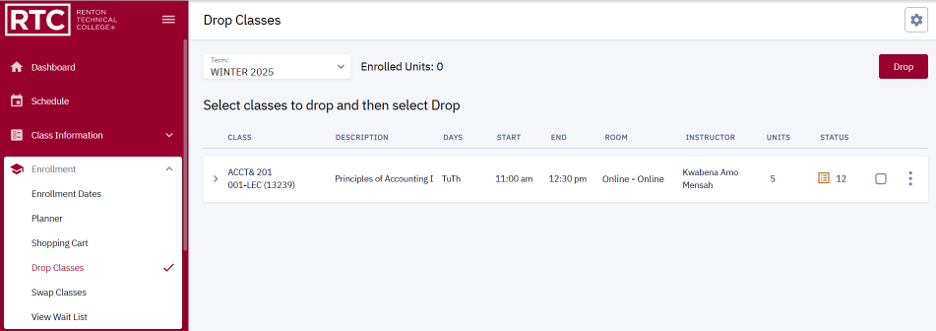 drop classes selected