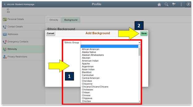 arrows pointing to ethnic group and save