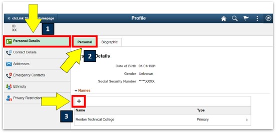 arrows pointing to personal details, personal, and +