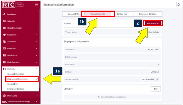 arrows pointing to biographical information and add new