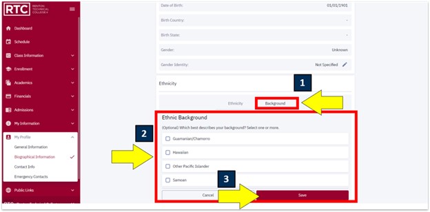 an arrow pointing to the ethnicity tab