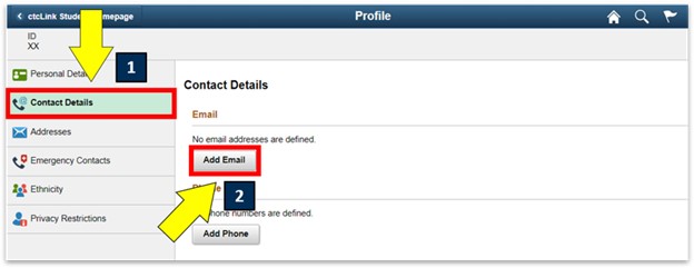 an arrow pointing to contact details and add email