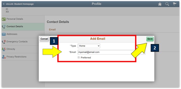 an arrow pointing to add email and save