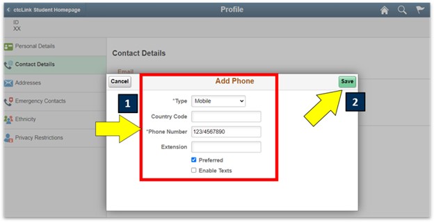 an arrow pointing to add phone and save