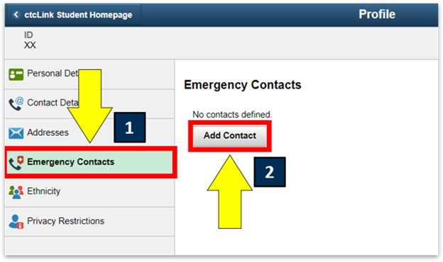 an arrow pointing to emergency contacts and add contact
