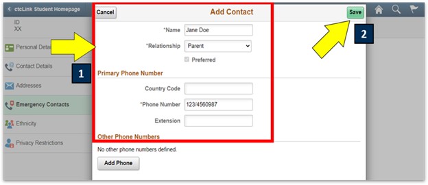 an arrow pointing to add contact and save