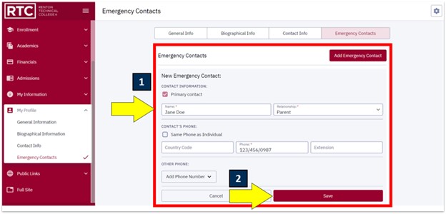 an arrow pointing to an emergency contact field