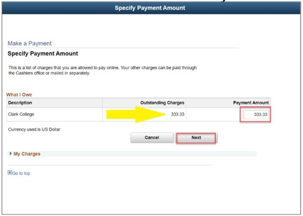 an arrow pointing to outstanding charges and a red box on payment amount and next
