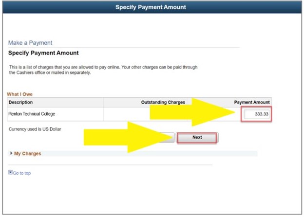 arrows pointing to payment amount and next