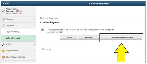 an arrow pointing to continue to make payment