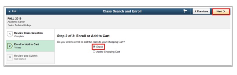 a red box around enroll and next