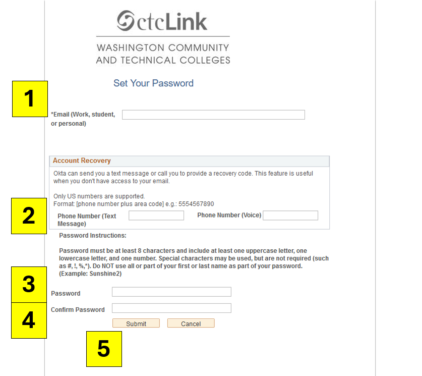 A screenshot of ctcLink with numbers calling out the fields