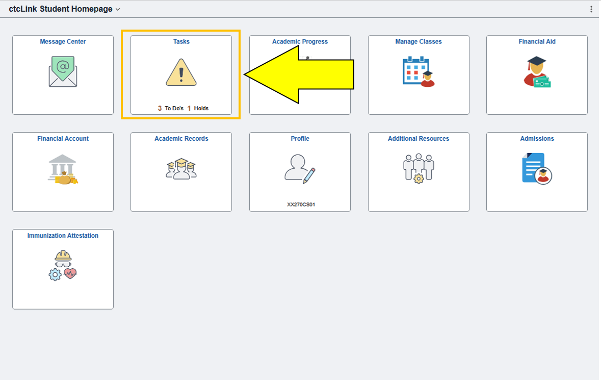 The ctcLink dashboard with the "Tasks" tile highlighted