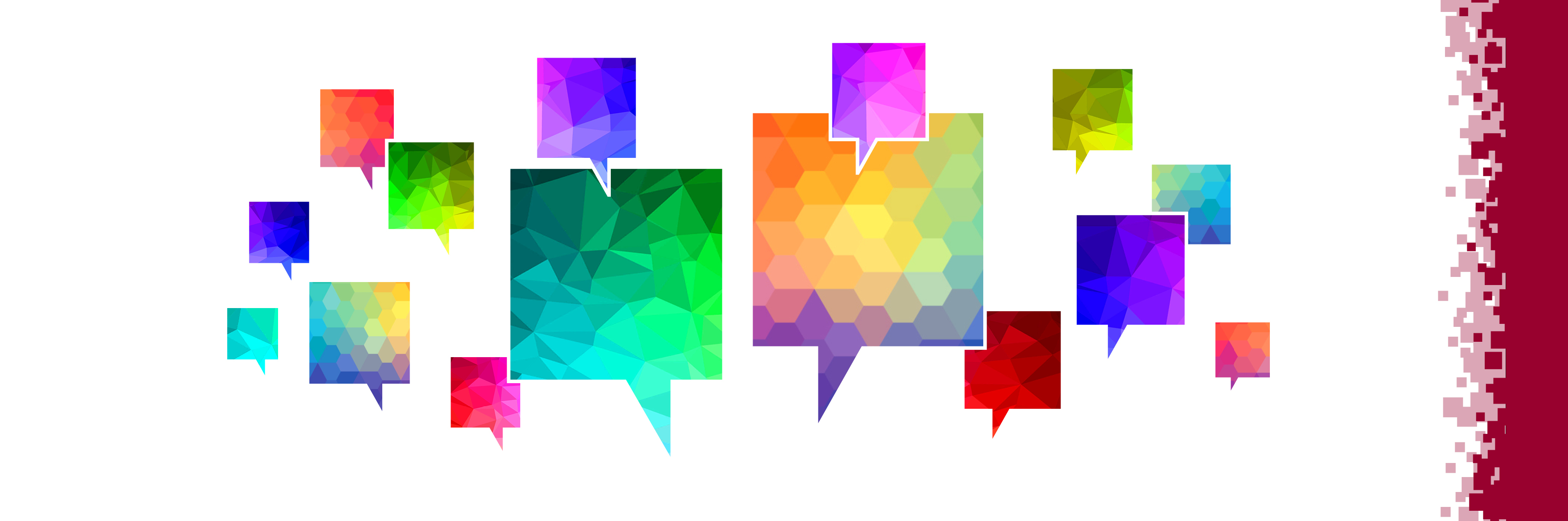 Several rainbow-colored thought bubbles floating on a white graphic with a red sidebar