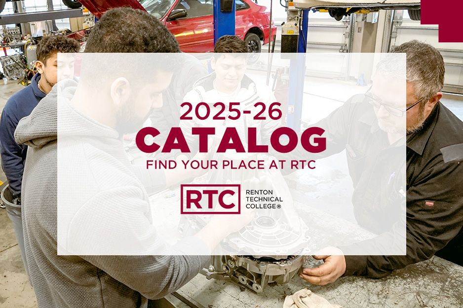 The RTC College Catalog cover image. It features text that reads "2024-25 Catalog, Students Succeed at RTC," superimposed over an image of five students standing side by side in Building C.