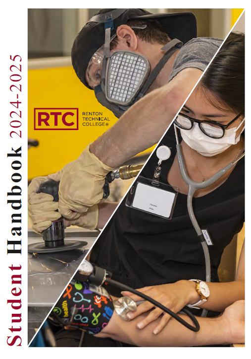 Student Handbook 2023-2024 text next to images of RTC students working in labs and shop