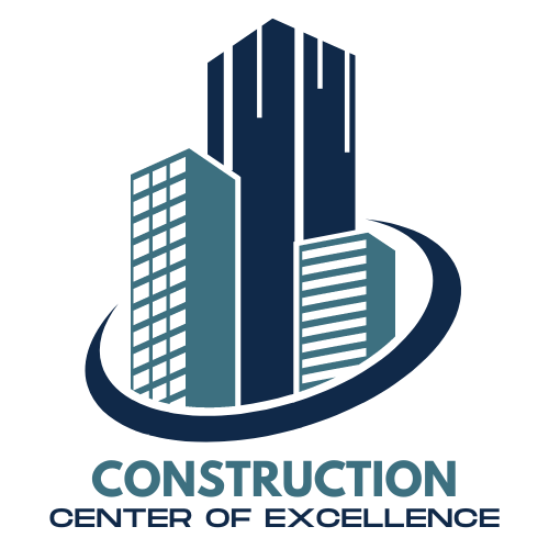 Construction Center of Excellence logo. Three blue buildings bound together within a circle.